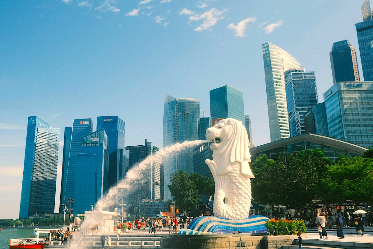 Lion-head statue with fish body cavorts near Marina Bay in Singapore